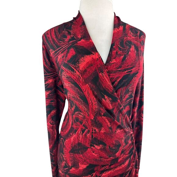 Norma Kamali Faux Wrap Dress Red & Black Feather Print Size XXL 2XL Office Chic - Picture 6 of 16
